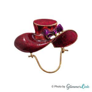 Vintage Red & Purple Enamel Hat Eyeglass Holder Brooch - Gold Tone